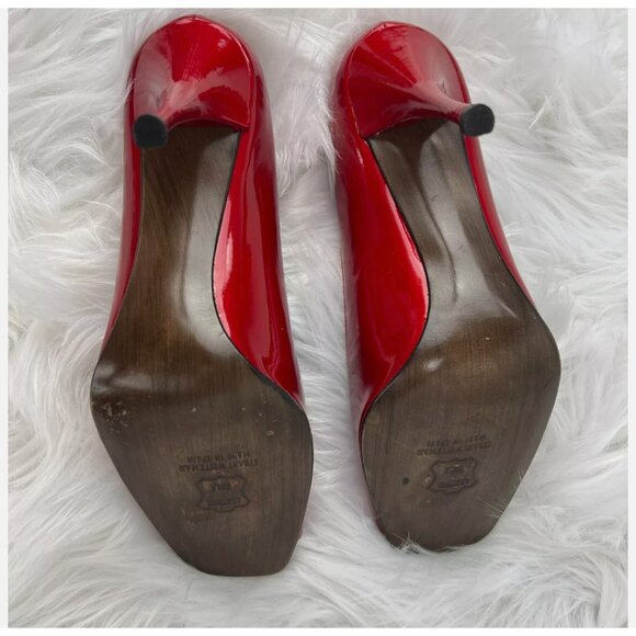 Stuart Weitzman Cherry Red Heels Pumps Patent Leather Open Toe 4" Valentines Day - Picture 8 of 16